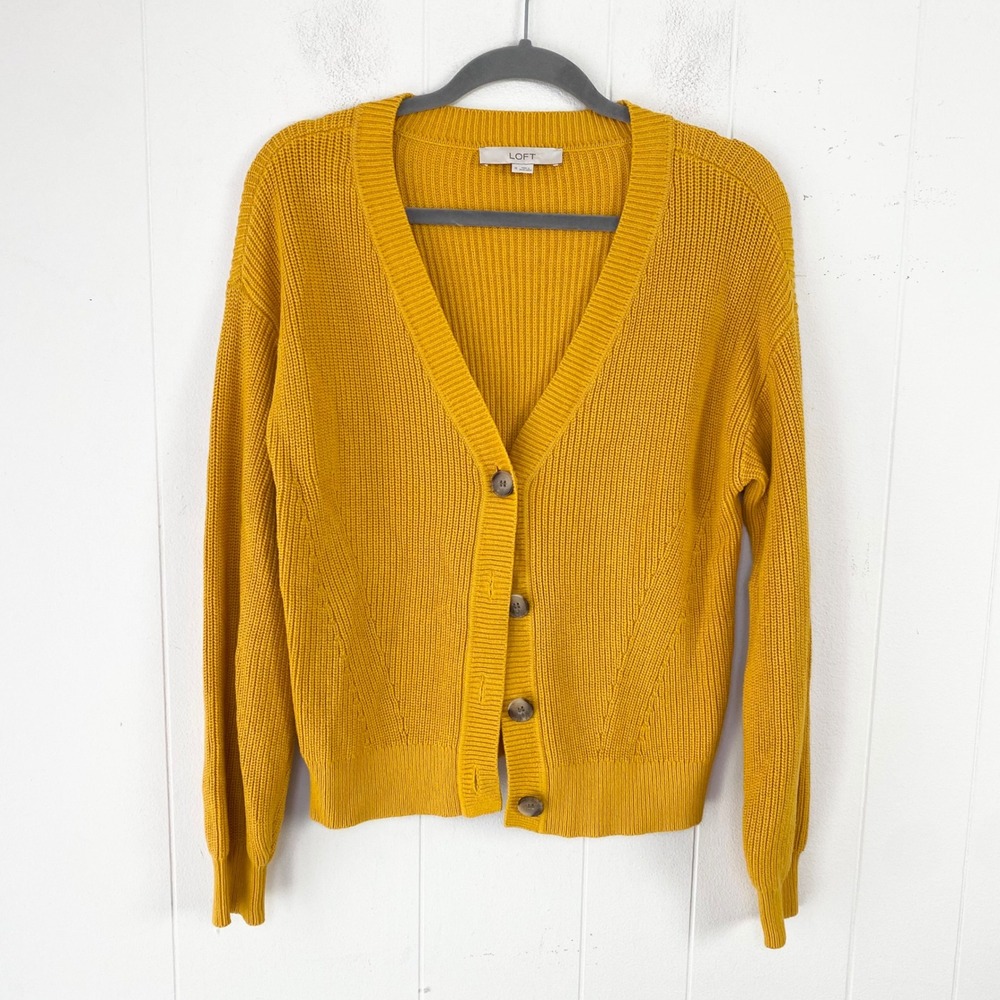 LOFT Sz M Mustard Yellow Cotton Ribbed V-Neck Button Front Cardigan Sweater